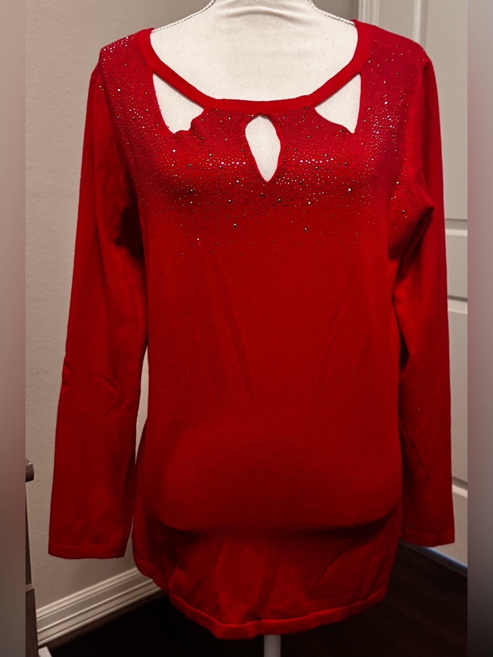 Women’s Red Solid Scoop Neck Long Sleeve Rhinestone Accent Pullover Top